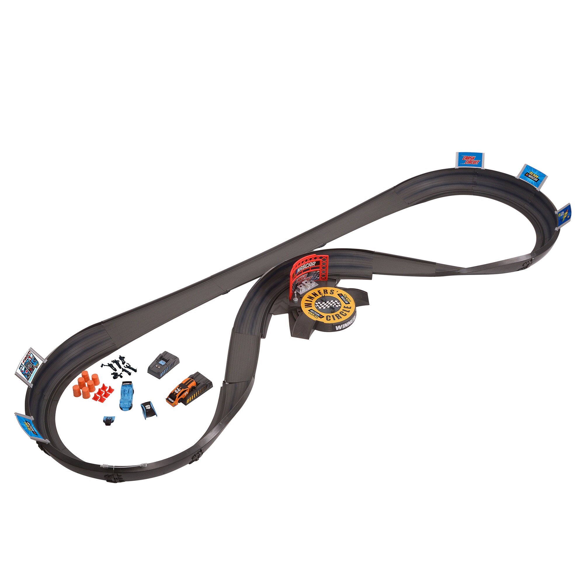 NASCAR Crash Circuit Road Course set featuring a flexible black track, colorful signage, a winner's circle, and various racing accessories including cars and obstacles.
