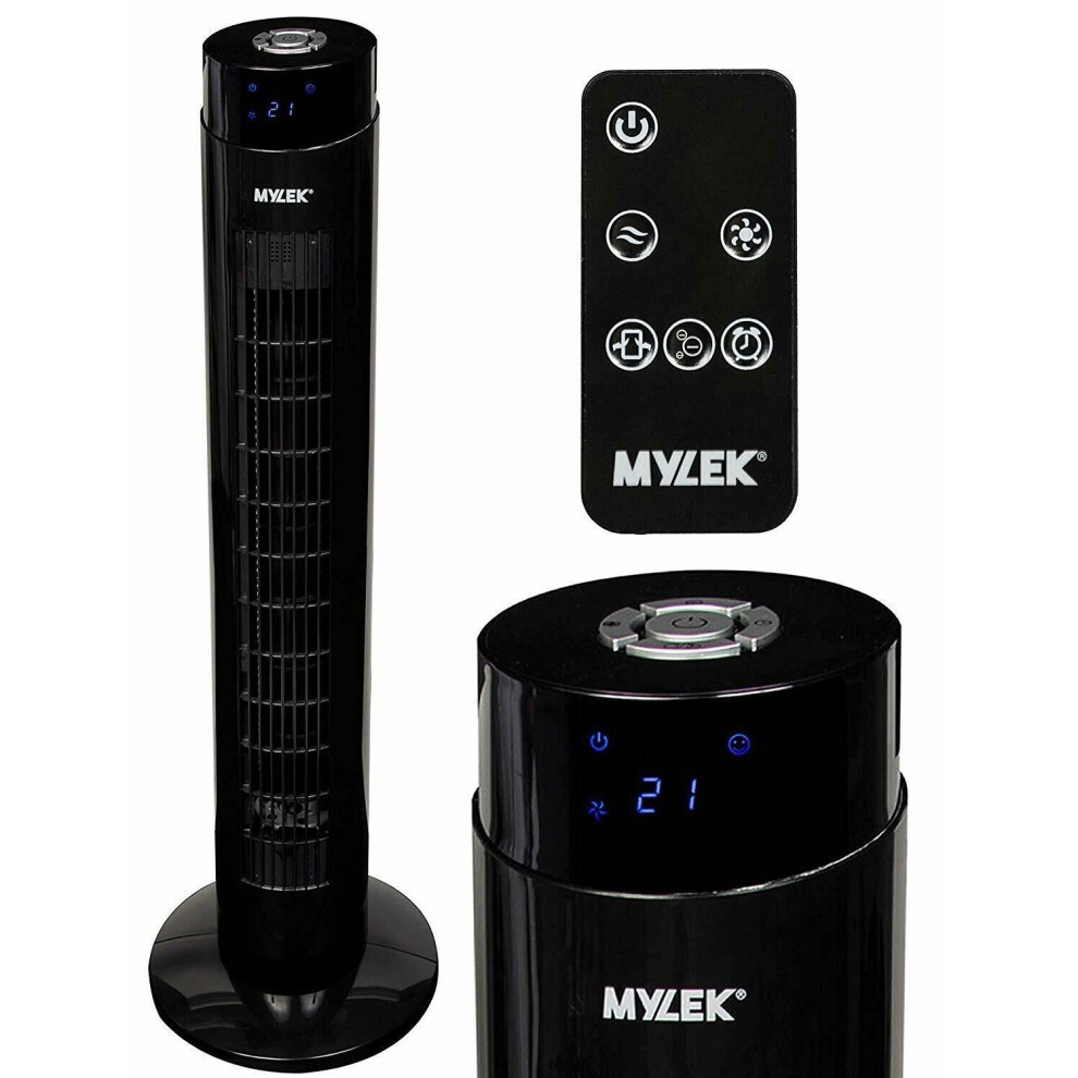 Black 34" tower fan with a sleek design, featuring a digital display, remote control, ioniser, and three speed settings for customizable airflow.