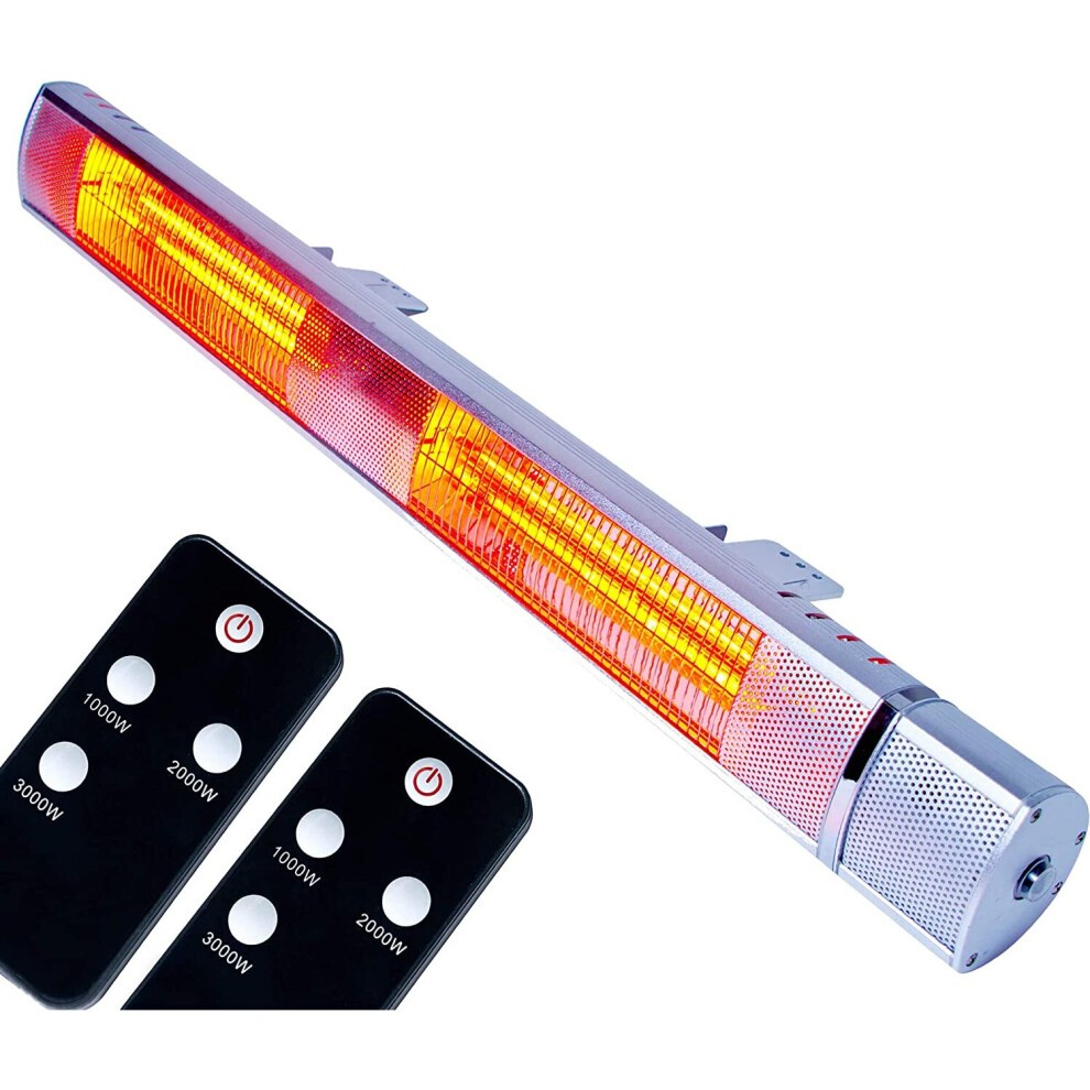 Silver wall-mountable electric patio heater with a sleek design, featuring a remote control and three power settings (1000W, 2000W, 3000W) with an IP65 rating for weather resistance.