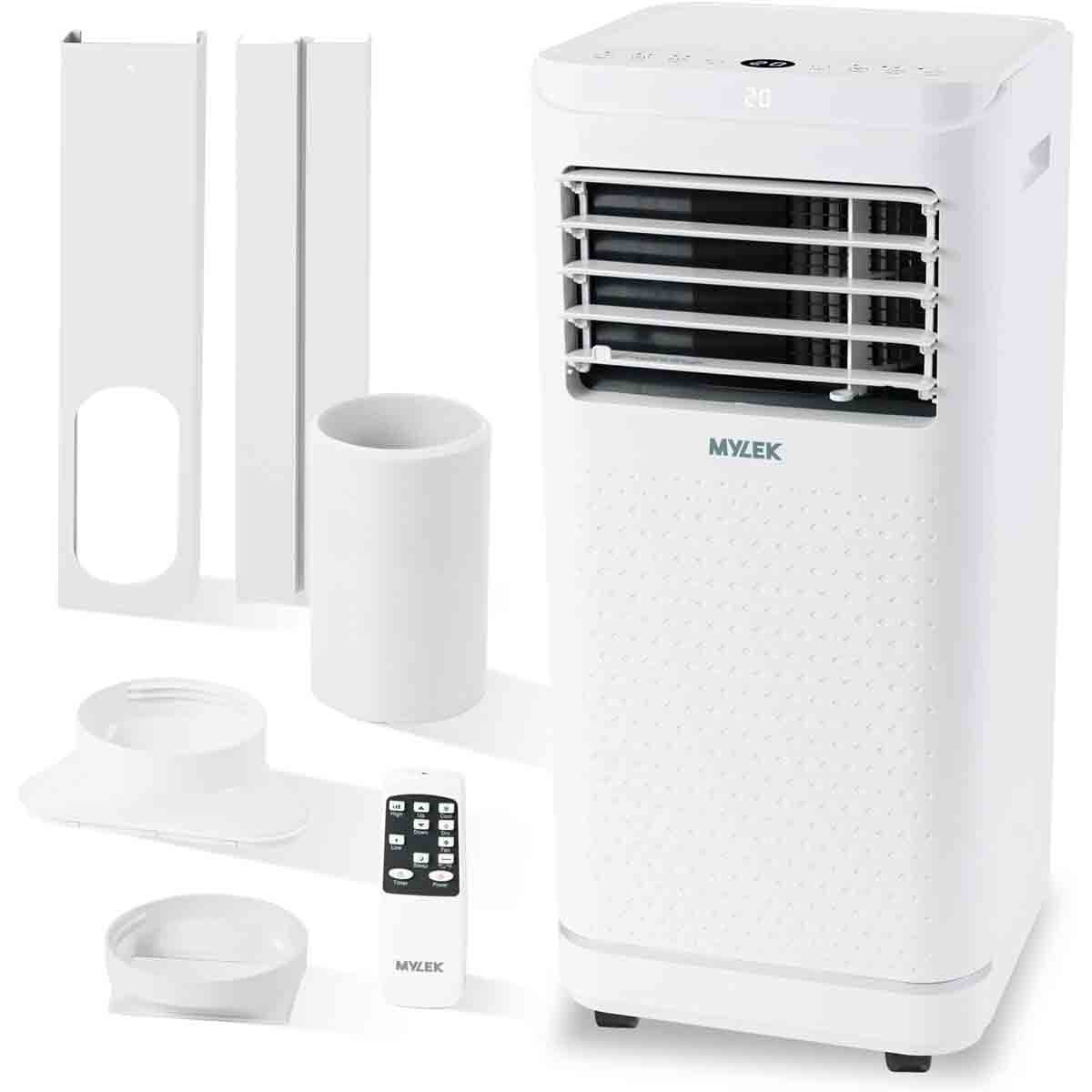 White MYLEK 9000 BTU 4-in-1 portable air conditioner with a sleek design, featuring adjustable vents, a control panel, remote control, and additional installation accessories.