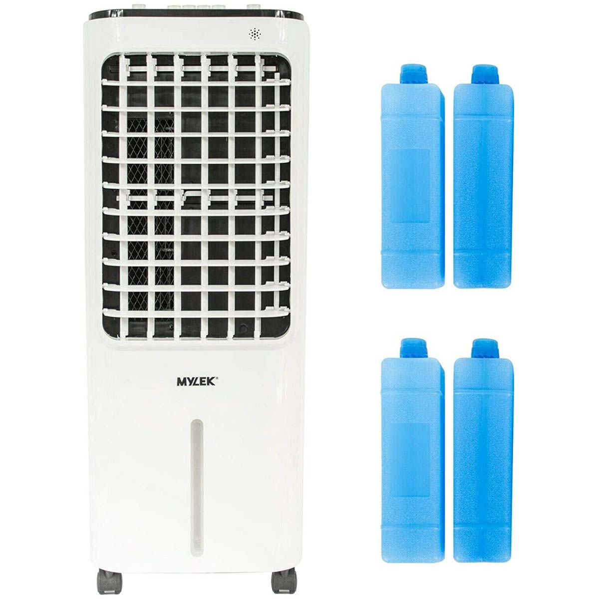 Mylek portable air cooler in white with a grid front, featuring four blue ice packs for enhanced cooling, designed for easy mobility with wheels.
