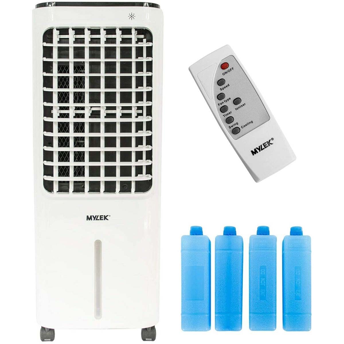 Portable white air cooler with a grid front, remote control, and four blue ice packs for enhanced cooling efficiency.