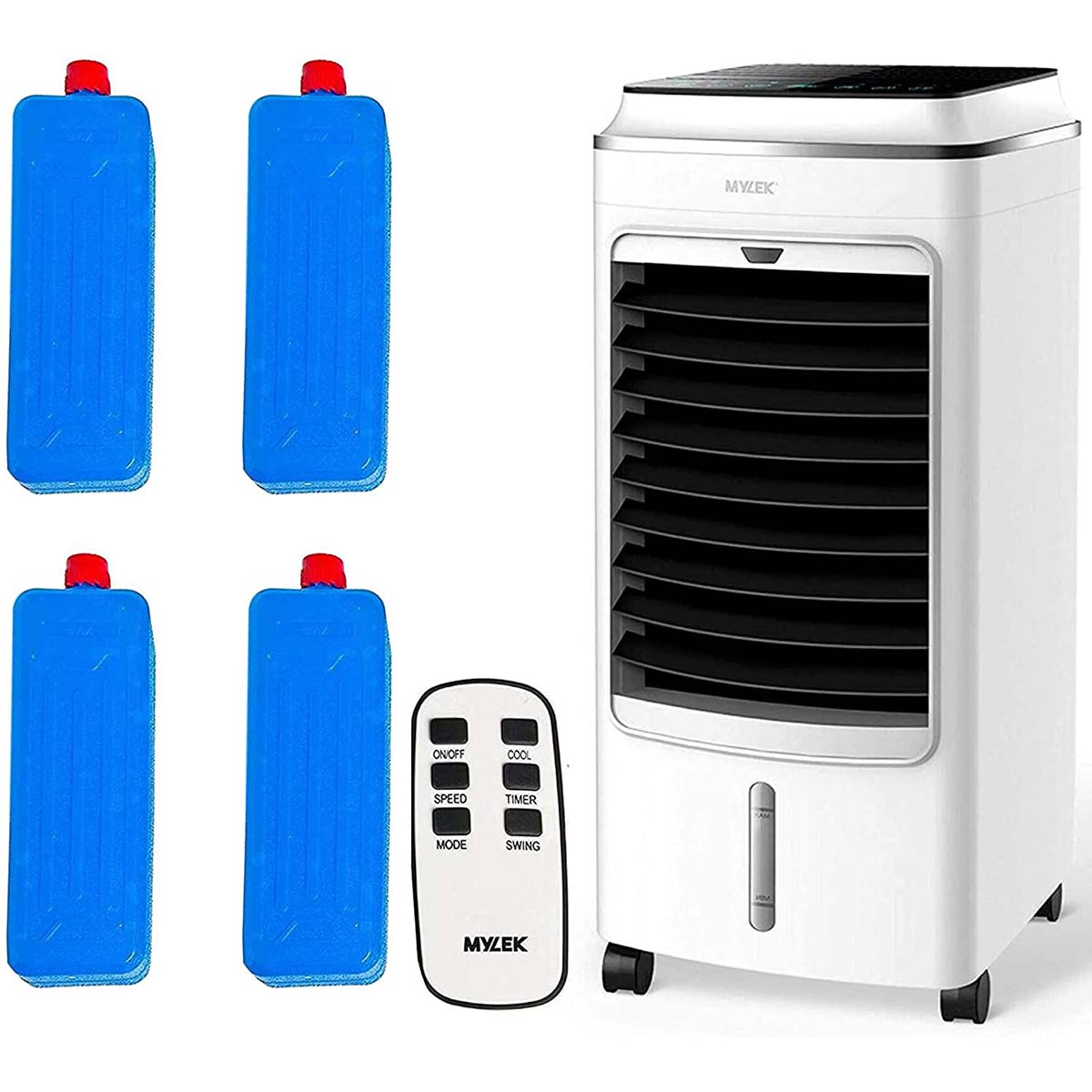 Mylek portable air cooler in white features a sleek design, remote control, and includes four blue ice packs for enhanced cooling and humidifying functions.
