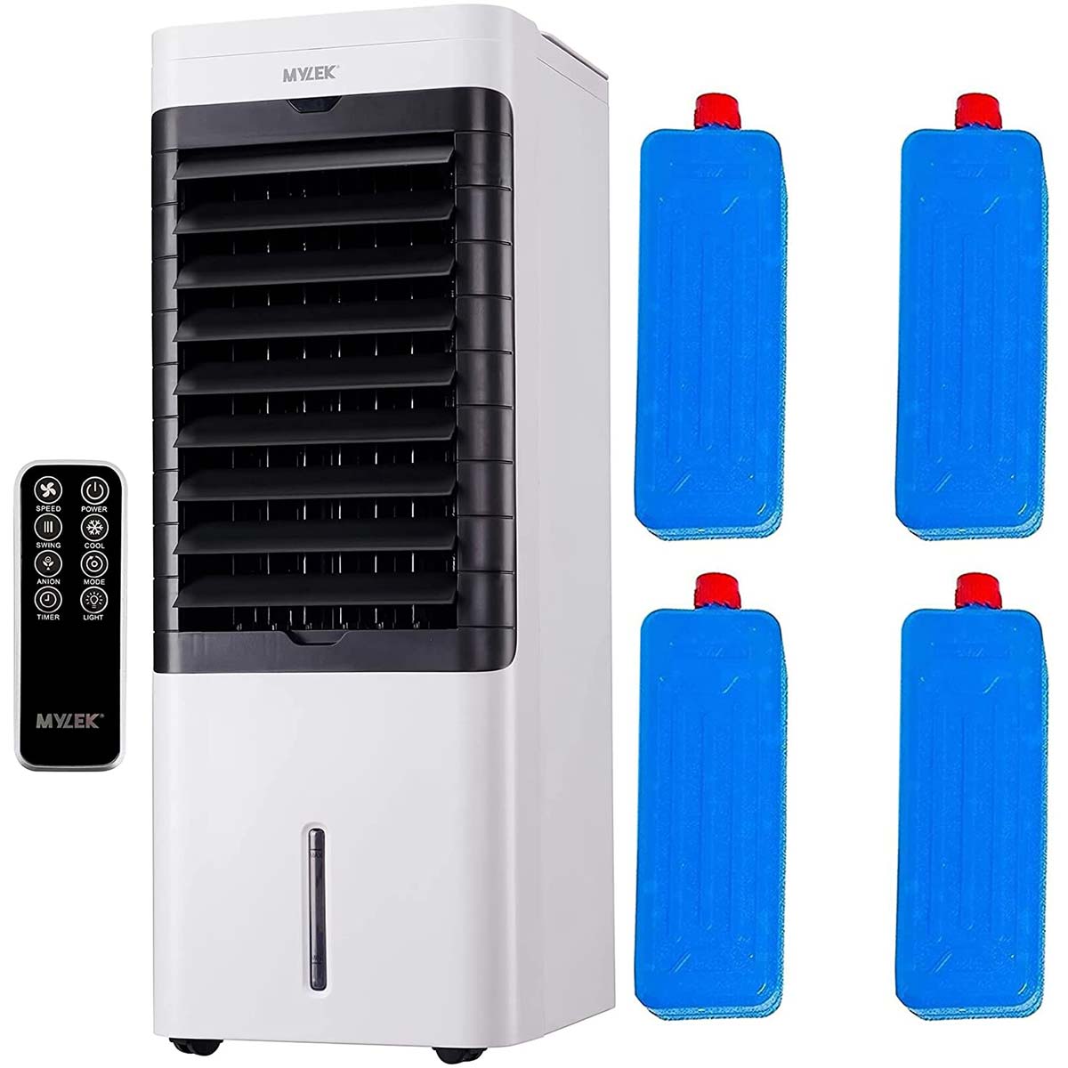 Portable evaporative air cooler in white with a black front panel, featuring adjustable vents, a 6L water tank, remote control, and four blue ice packs for enhanced cooling.