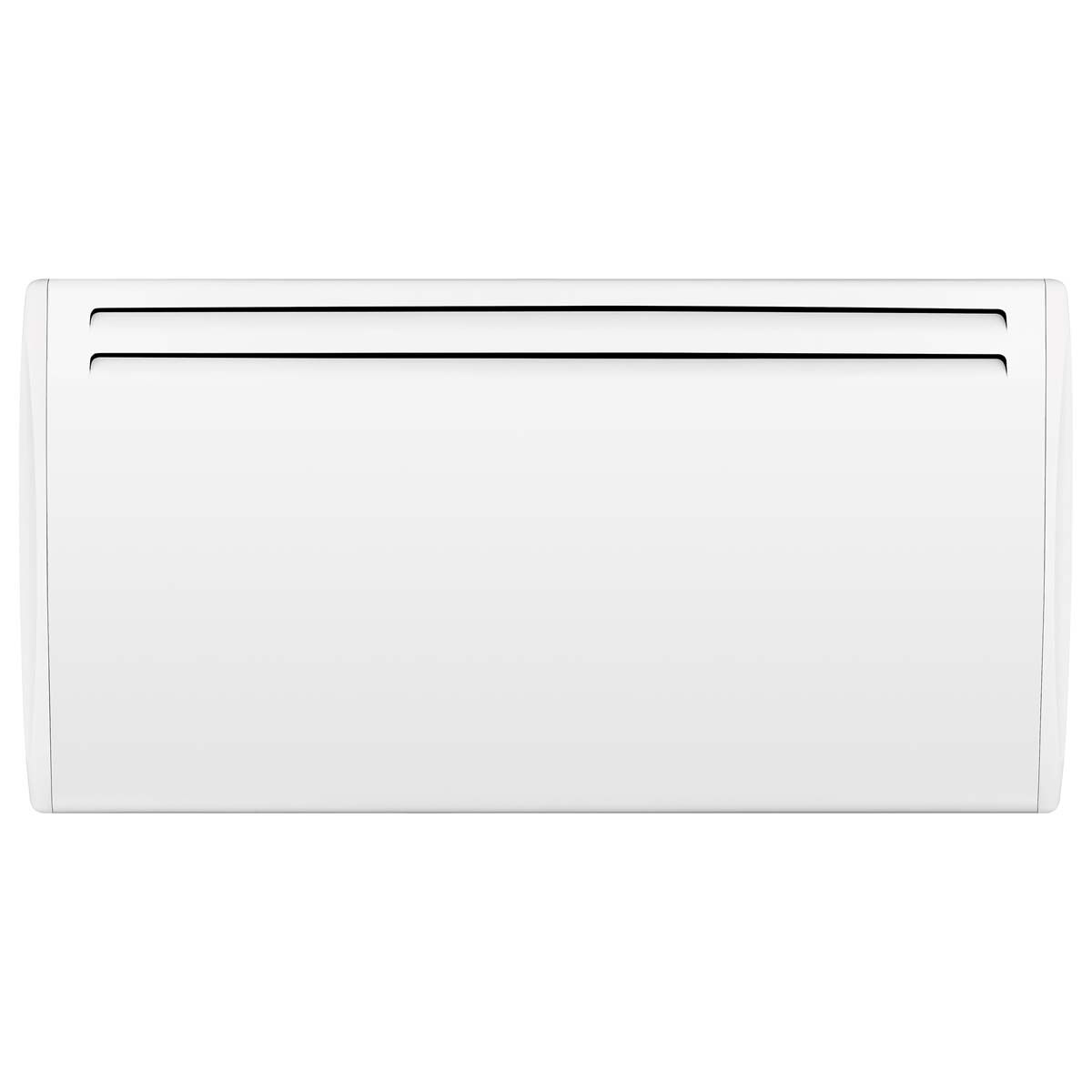 White ceramic electric panel heater with a sleek design, featuring an LCD display and two horizontal vents for efficient heating.