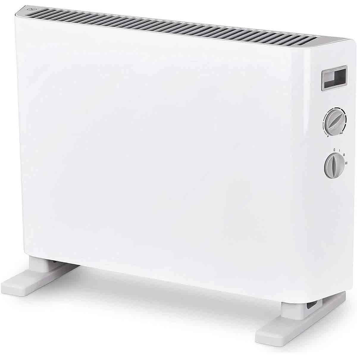 White Mylek convector heater with a sleek design, featuring a digital display, adjustable thermostat, and three power modes, mounted on sturdy white legs for free-standing use.
