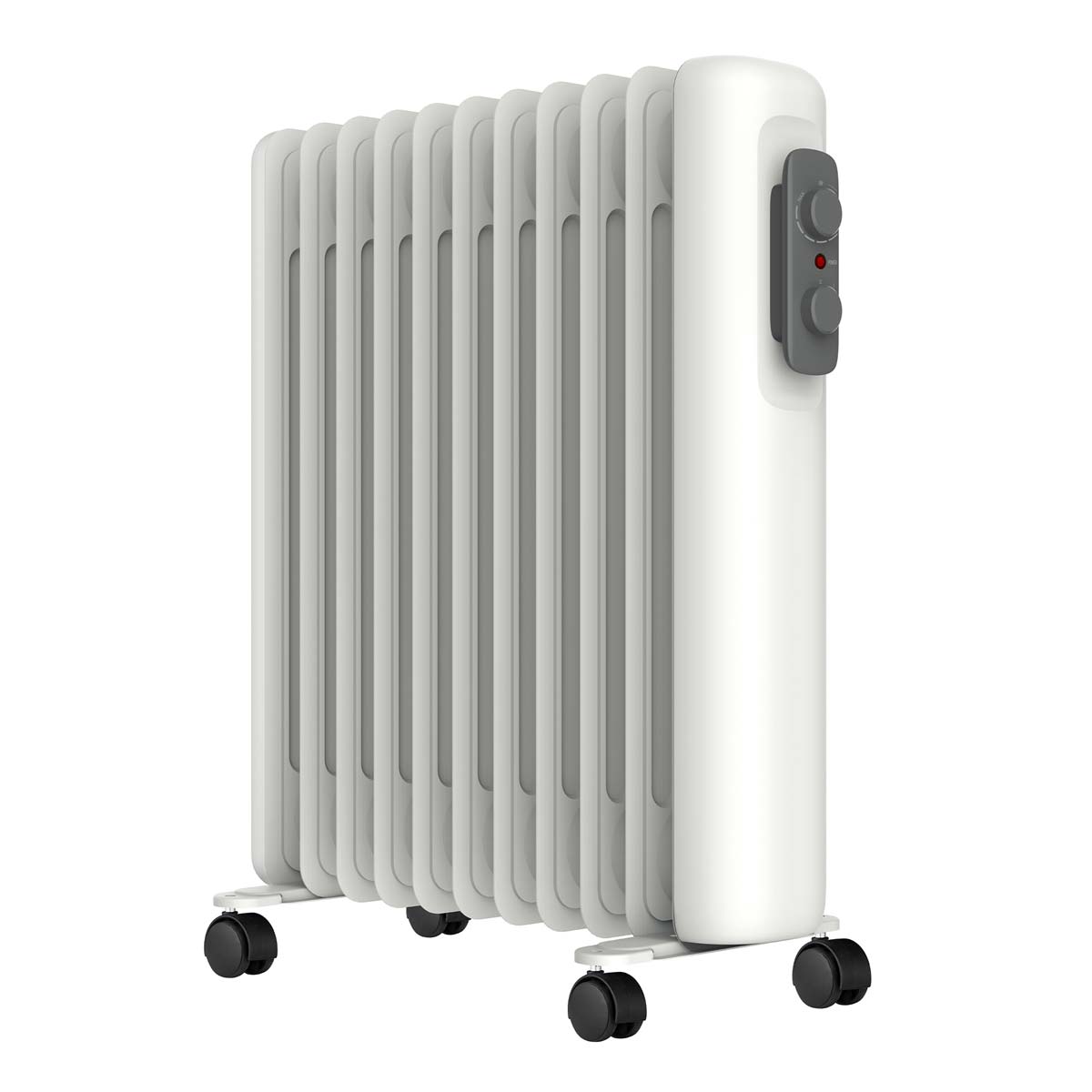 Portable oil-filled radiator in white, featuring a sleek design, 2.5Kw power, adjustable temperature controls, and rolling wheels for easy mobility.
