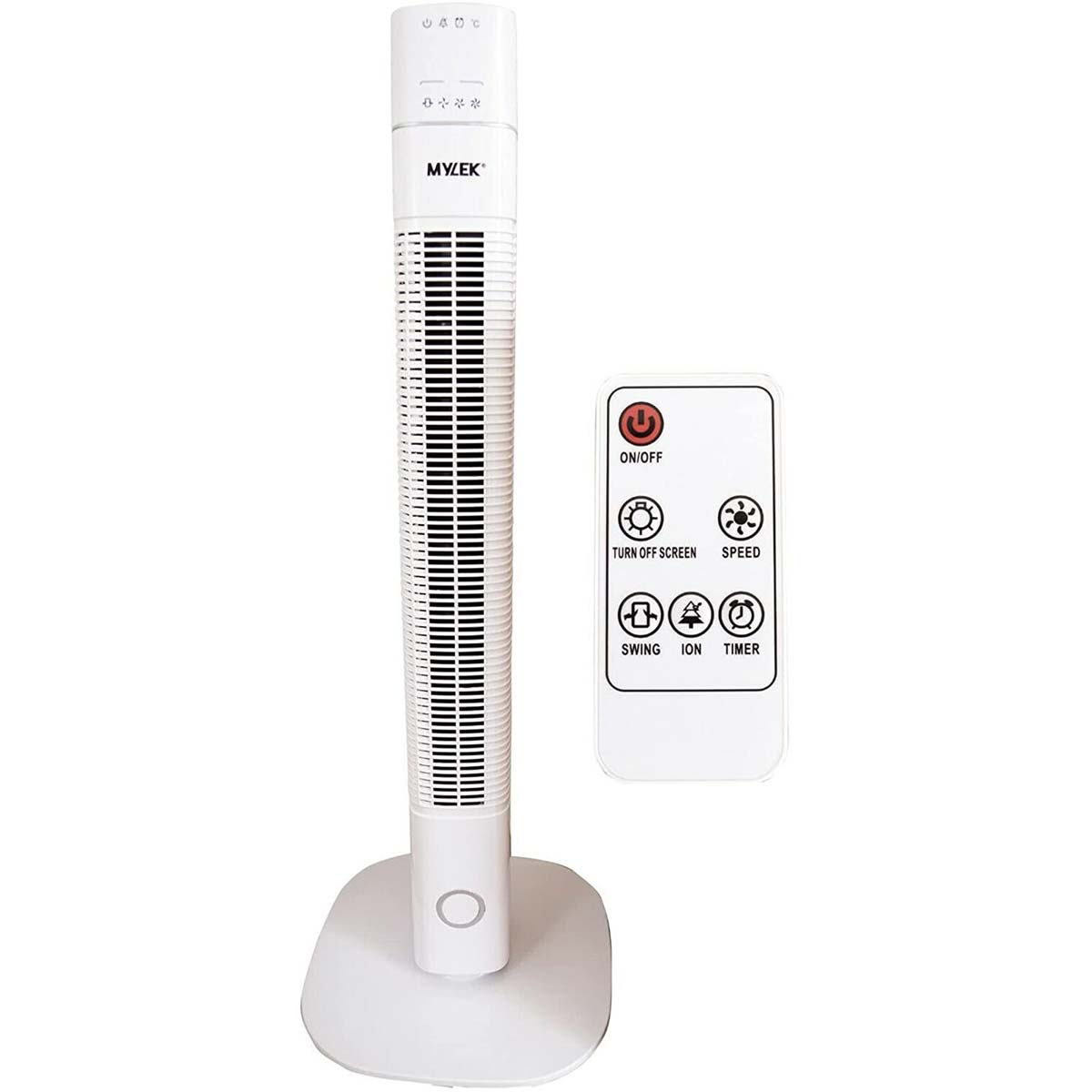 White MYLEK 36" remote oscillating control tower fan with a sleek design, featuring a digital control panel, remote control, and a sturdy base for stability.