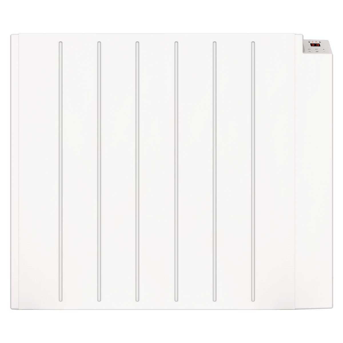 White Mylek 1.5kW panel heater with a sleek design, featuring vertical grooves, a digital thermostat control, and a compact form suitable for wall mounting.