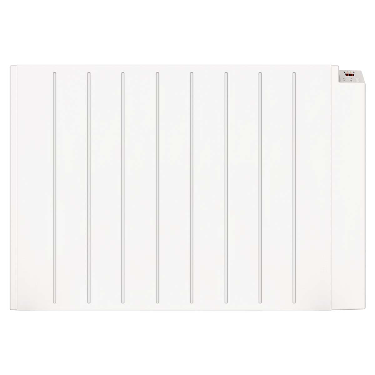 White electric panel heater with a sleek design, featuring vertical grooves, a digital control panel on the side, and an IP24 rating for water resistance.