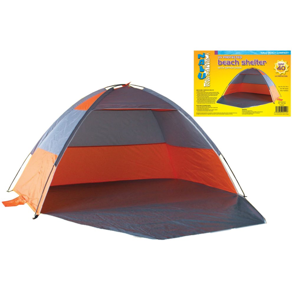 Aluminium frame beach shelter tent for 2-3 people, featuring a vibrant orange and grey color scheme, with a spacious interior and UV protection.