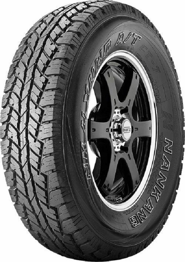 Nankang 4x4 WD a/T FT-7 tire in size 265/75 R16 116T, featuring a rugged tread pattern, black sidewall with white lettering, and a shiny black alloy wheel.