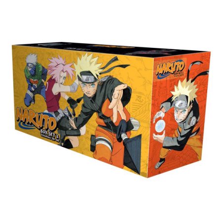 Naruto Box Set 2 features vibrant artwork of Naruto, Sakura, and Kakashi on a bright orange background, with a sturdy cardboard exterior showcasing iconic characters.