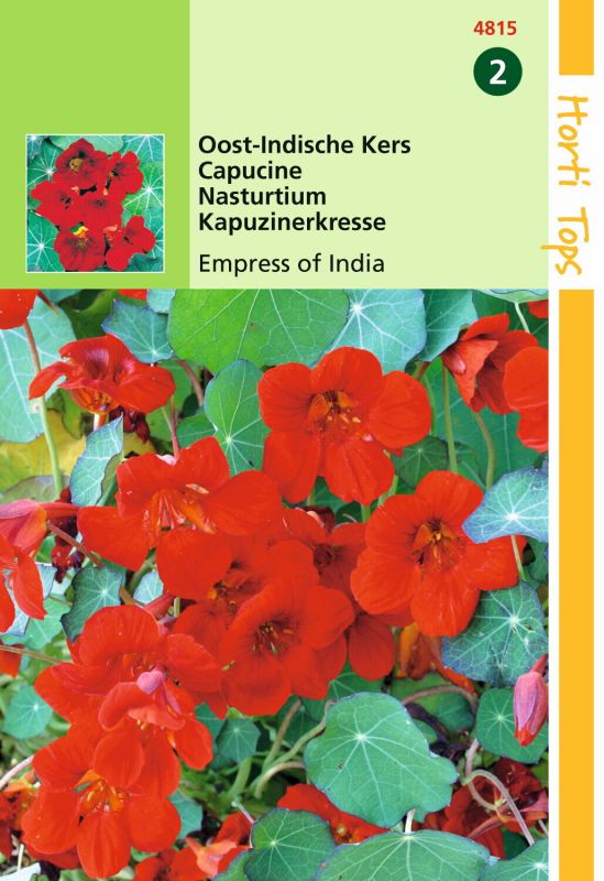 Bright red flowers of the Tropaeolum Majus, also known as Oost-Indische Kers, against green leaves, featured on a colorful seed packet by De Ree.