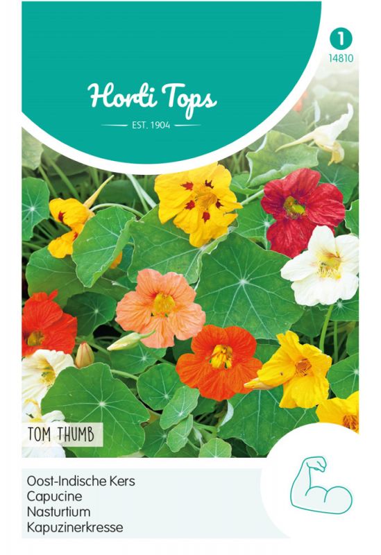Colorful flower seed packet featuring vibrant orange, yellow, and white blooms of the Oost-Indische Kers (Tropaeolum) with green leaves, labeled "Horti Tops" and "Tom Thumb."