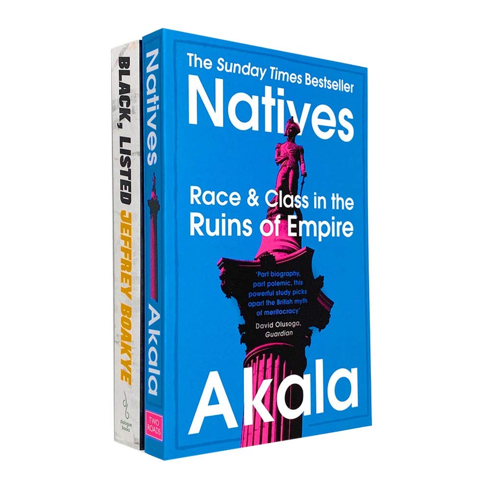Two paperback books in a collection, featuring a bright blue cover for "Natives" by Akala with a statue on the front, and a black and white cover for "Black Listed" by Jeffrey Boakye.