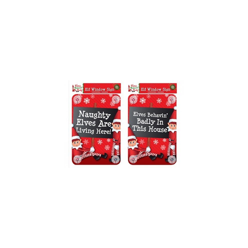 Two red window stickers featuring playful elves, with text reading "Naughty Elves Are Living Here!" and "Elves Behavin' Badly In This House," adorned with white snowflakes and candy canes.