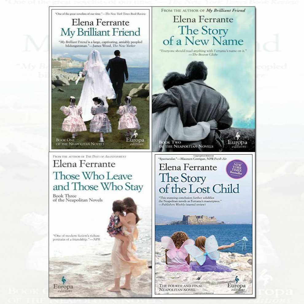 Four book covers from the Neapolitan Novels series by Elena Ferrante, featuring soft pastel colors, elegant typography, and images of couples and landscapes.