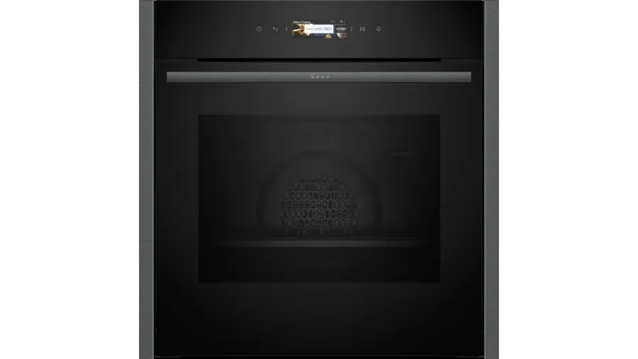Sleek black built-in oven with a glass front, stainless steel handle, and a digital control panel featuring a display screen and touch controls.