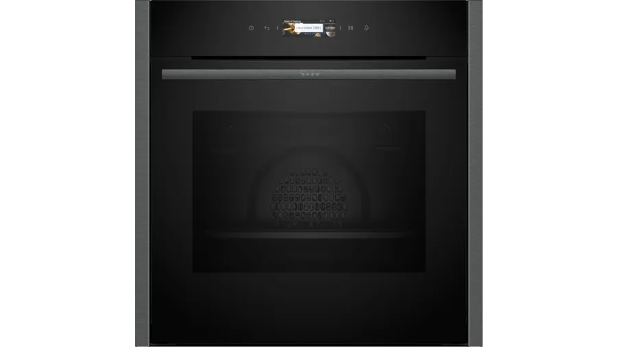 Graphite-colored NEFF B24CR71G0B pyrolytic single oven featuring a sleek glass front, touch control panel, and a large viewing window.