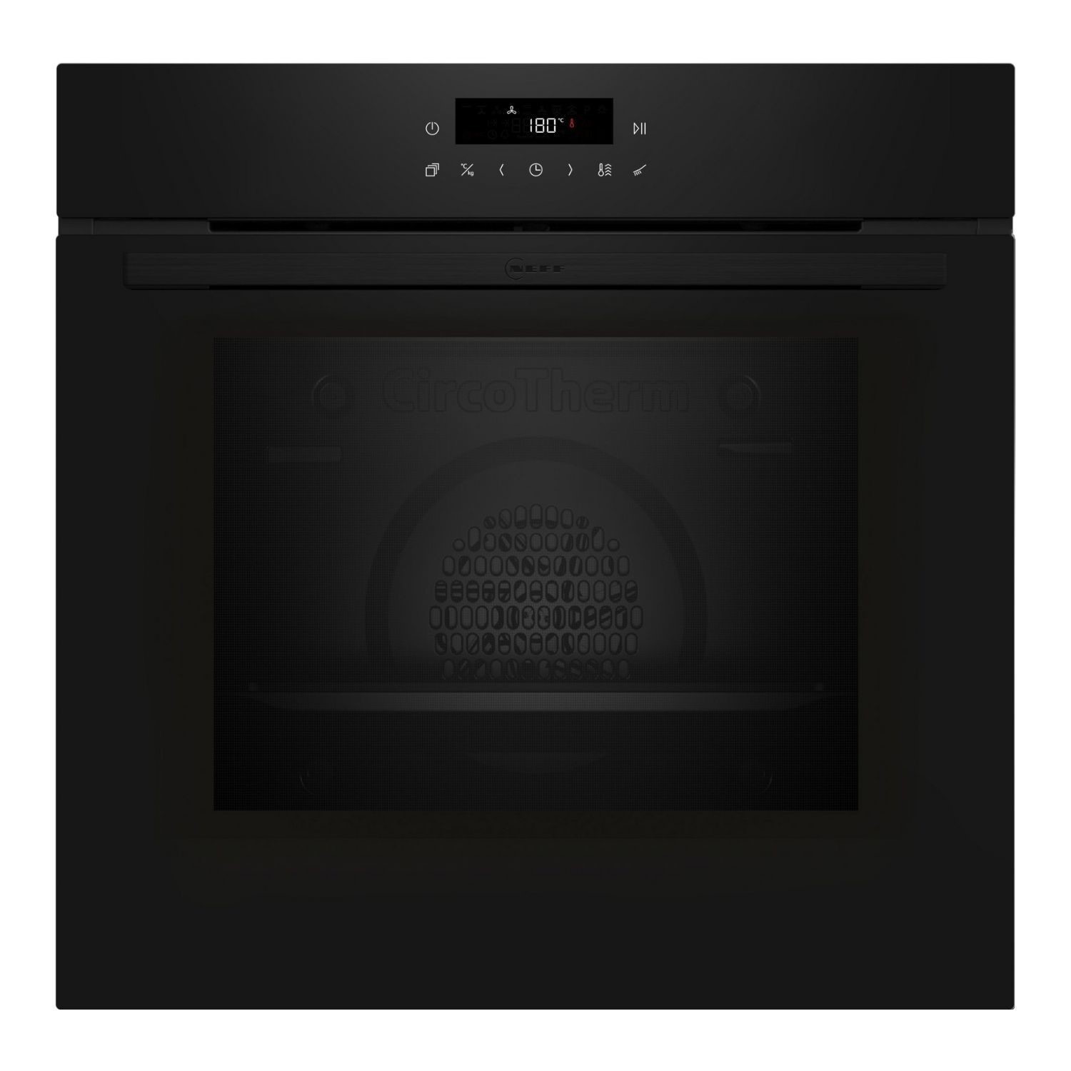 Black electric single oven with a sleek design, featuring a digital control panel, glass door, and CircoTherm logo, ideal for modern kitchens.