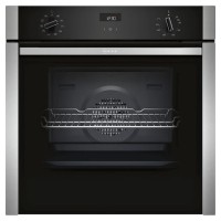 Stainless steel built-in electric single oven with a sleek black interior, featuring a digital display, control knobs, and a wire rack inside.