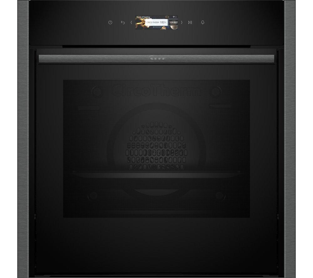 Graphite grey NEFF B54CR71G0B N70 Slide & Hide digital single oven featuring a sleek design, glass front, and intuitive control panel with digital display.