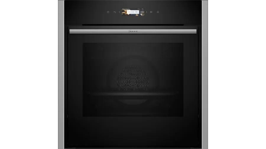 Stainless steel built-in electric single oven with a sleek black glass front, featuring a slide and hide door and a digital control panel at the top.