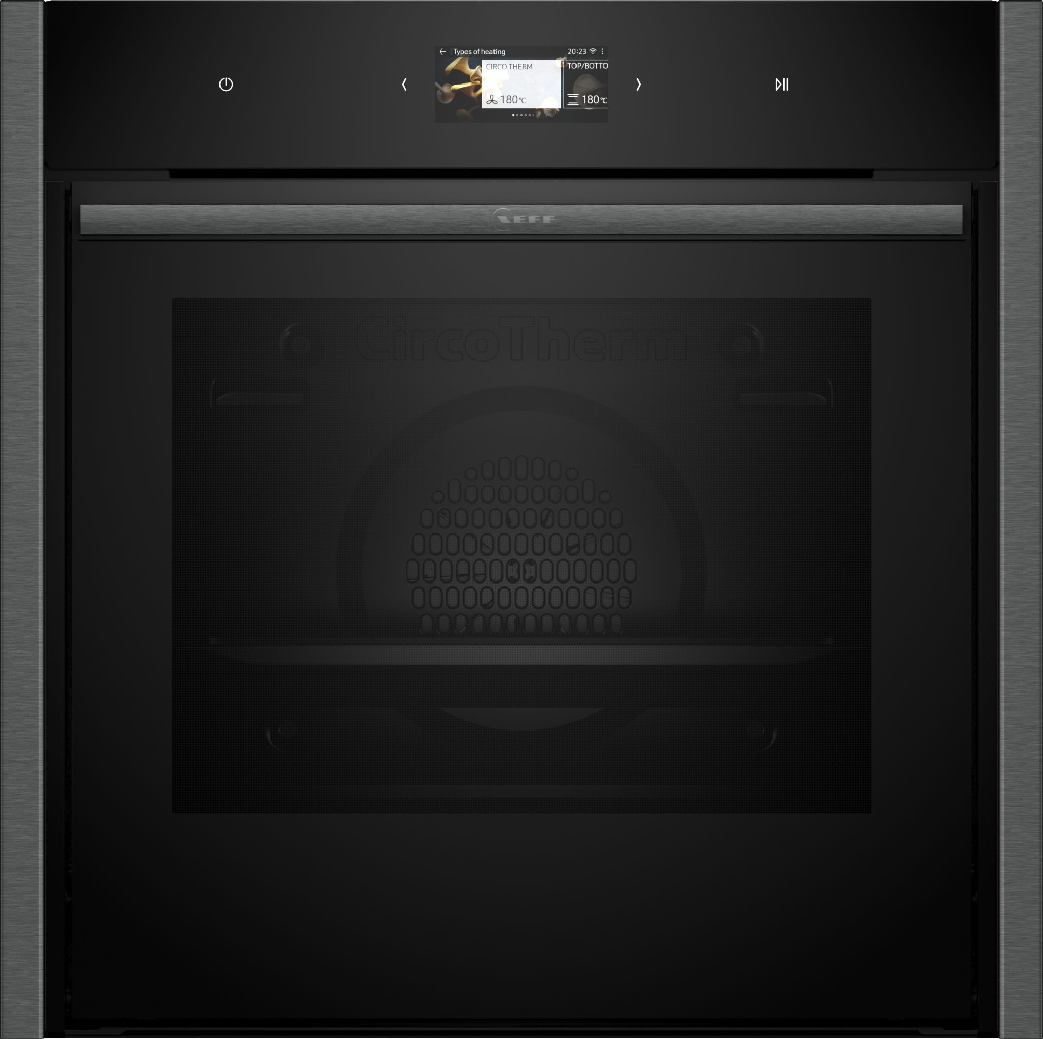 Graphite grey NEFF B64CS71G0B N90 oven featuring a sleek design, a large glass door, and a digital control panel with touch display for easy operation.