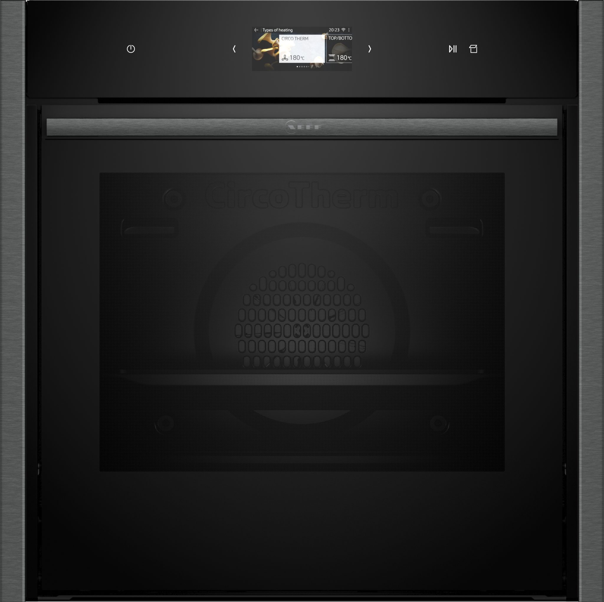Black electric single oven with a sleek design, featuring a slide and hide door, digital display, and stainless steel accents, showcasing the CircoTherm logo.