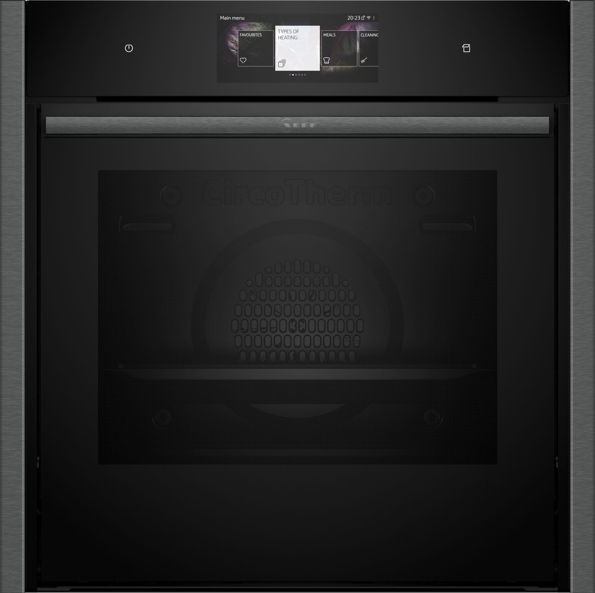Built-in NEFF B64FT53G0B oven features a sleek black glass front, a stainless steel handle, and a digital display for steam cooking and CircoTherm technology.
