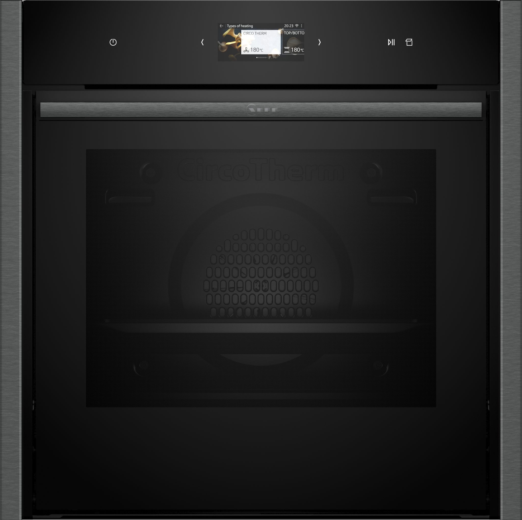 Graphite grey single oven with a sleek design, featuring a slide and hide door, steam function, and a digital display panel at the top.