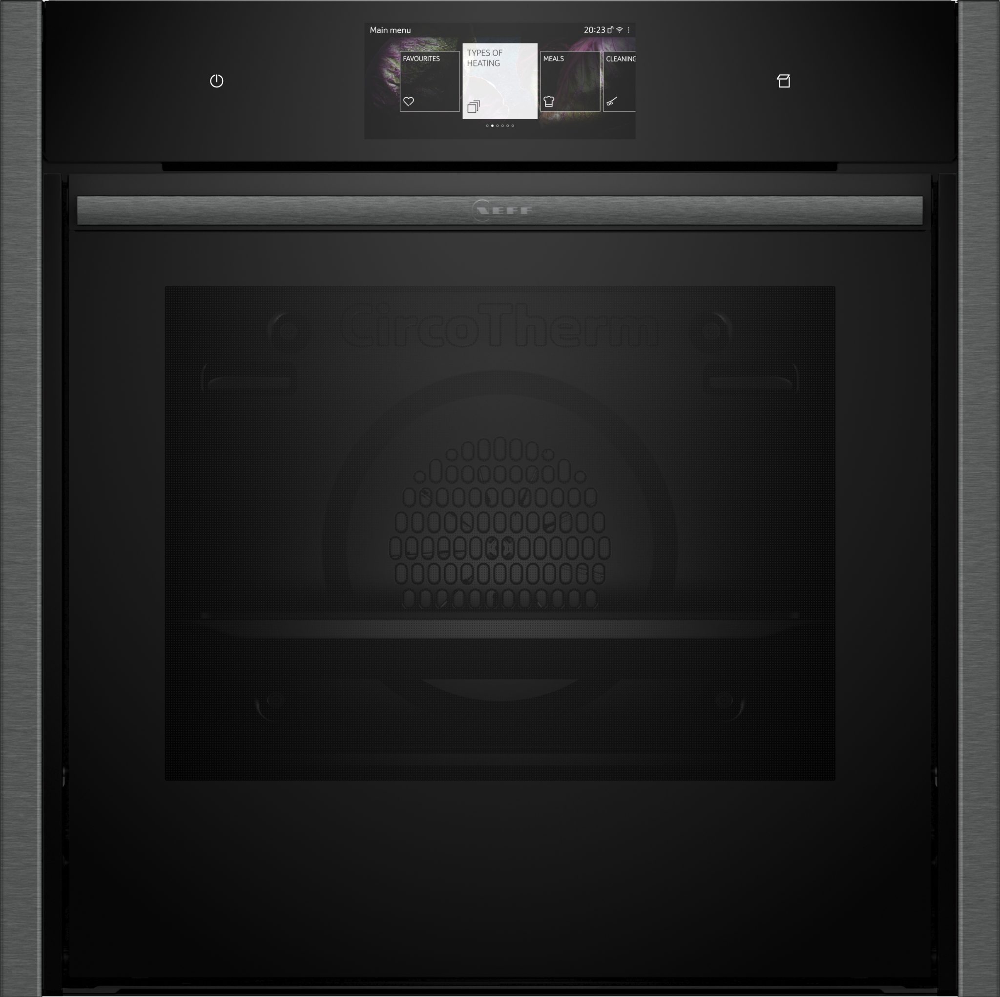 Built-in electric single oven in graphite finish, featuring a sleek design, a glass door with a circular vent pattern, and a digital control panel at the top.