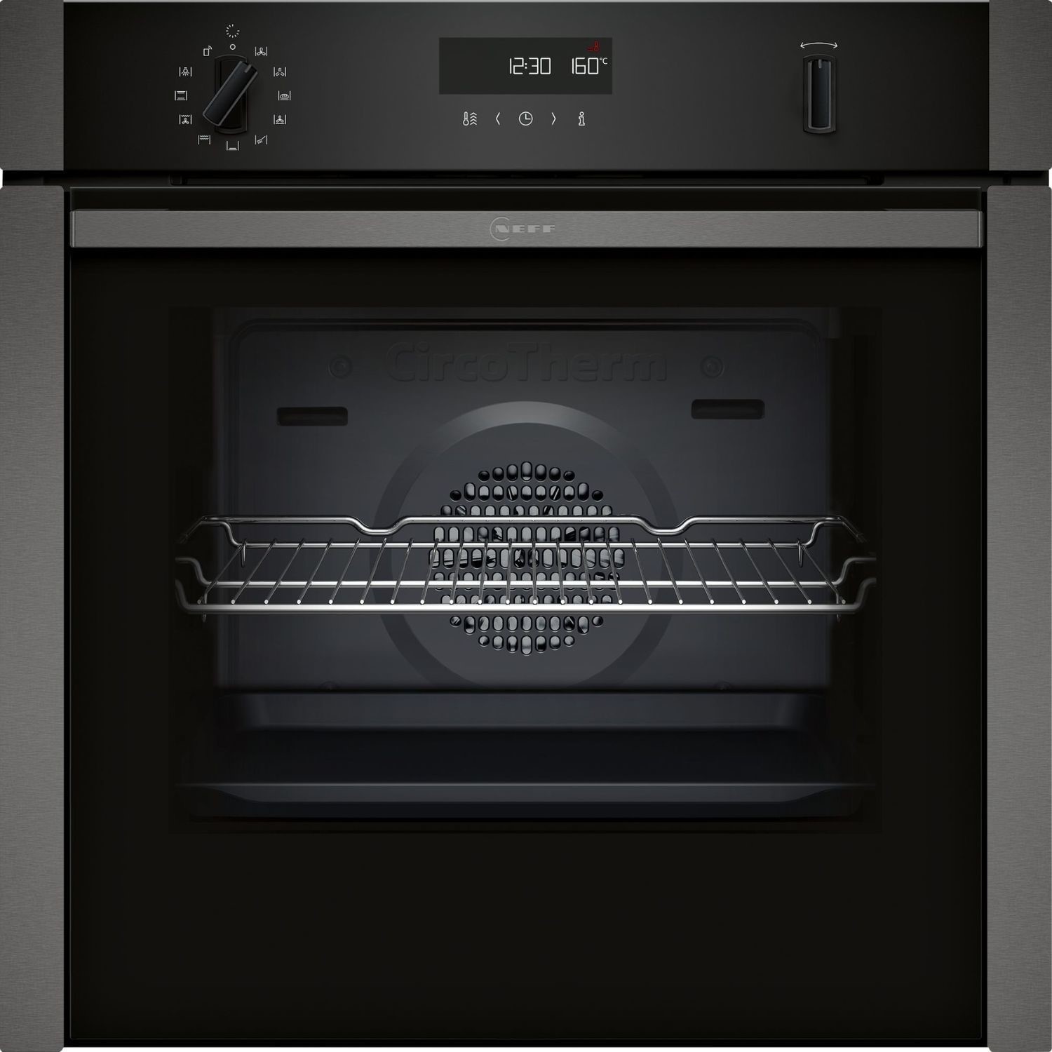 Neff N50 Slide & Hide 60cm built-in electric oven in graphite, featuring a sleek black glass door, digital display, and a pyrolytic cleaning function.
