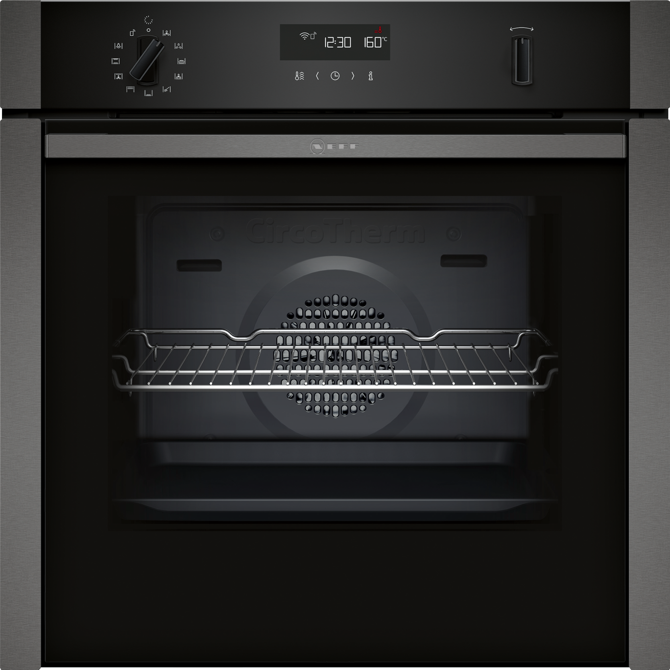 Neff B6ACH7HG0B CircoTherm oven features a sleek black finish, an electronic LCD display, and a wire rack inside, showcasing its 8 cooking functions and fixed handle.