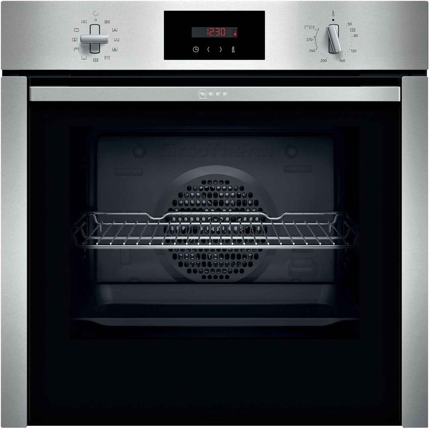 Stainless steel built-in oven with an LCD display, featuring 8 cooking functions, a ClipRail, and a fixed handle, showcasing a black interior and a circular fan design.