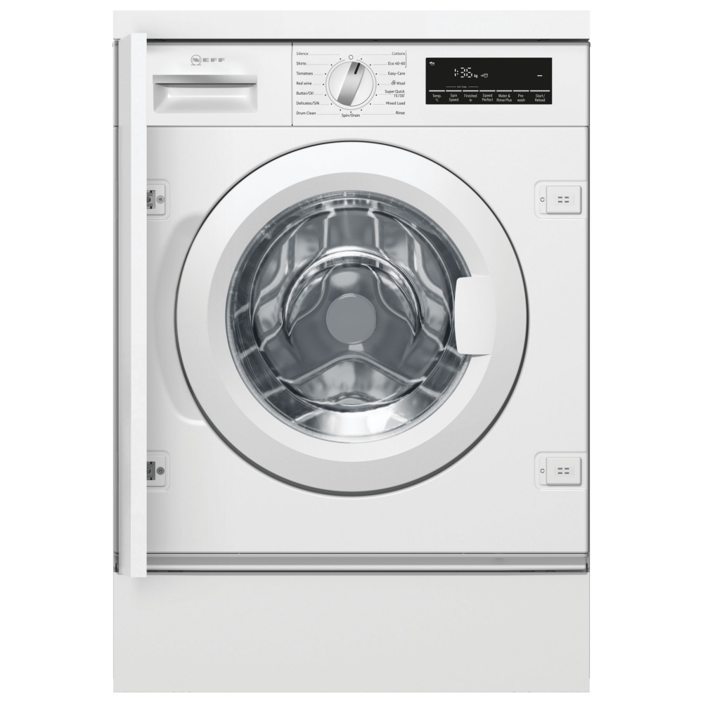 White integrated washing machine with an 8kg capacity, 1400rpm spin speed, a circular glass door, control panel with a dial and digital display, and sleek, modern design.