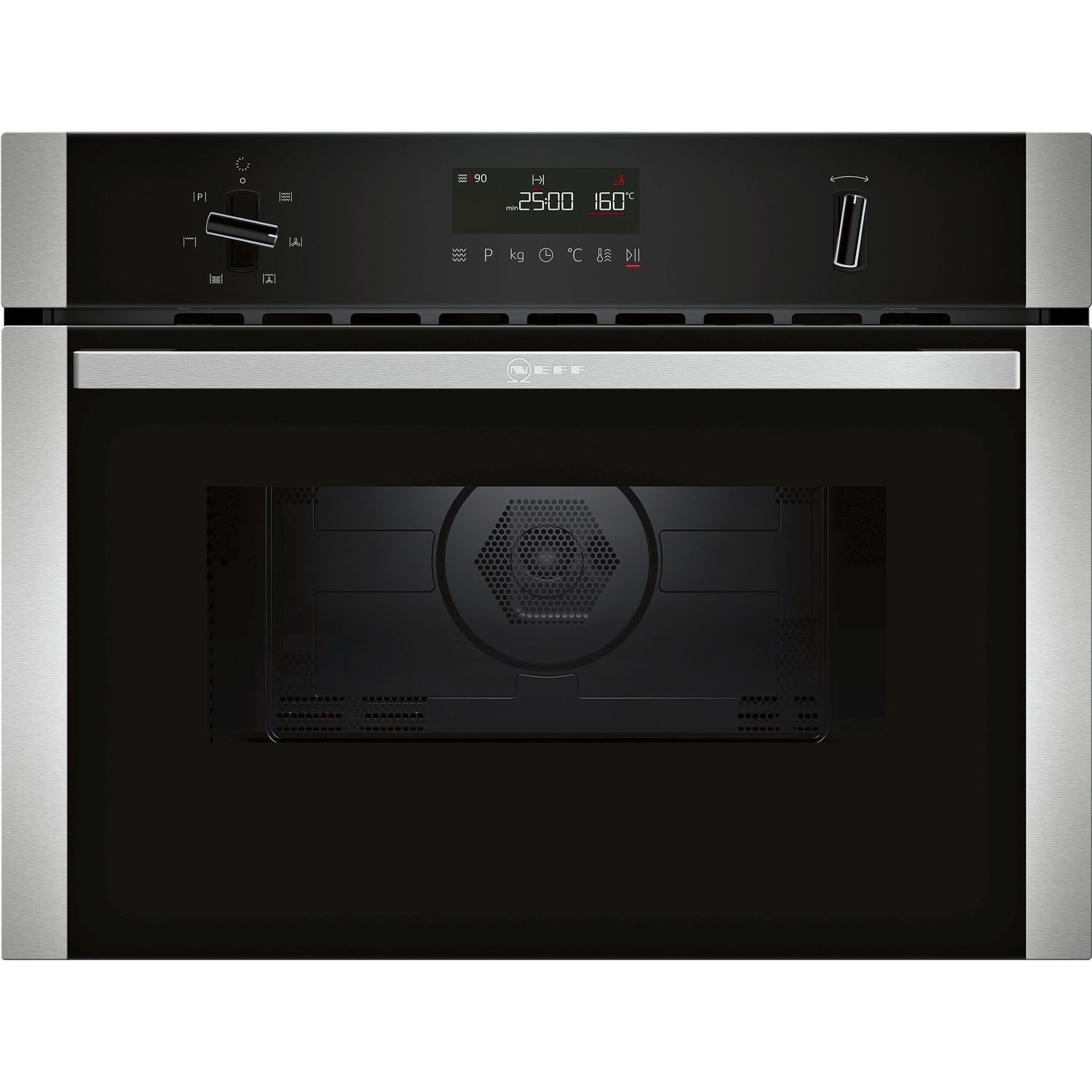 Stainless steel built-in combination microwave with a black glass front, featuring a digital display, control knobs, and Ecogreen setting for energy efficiency.