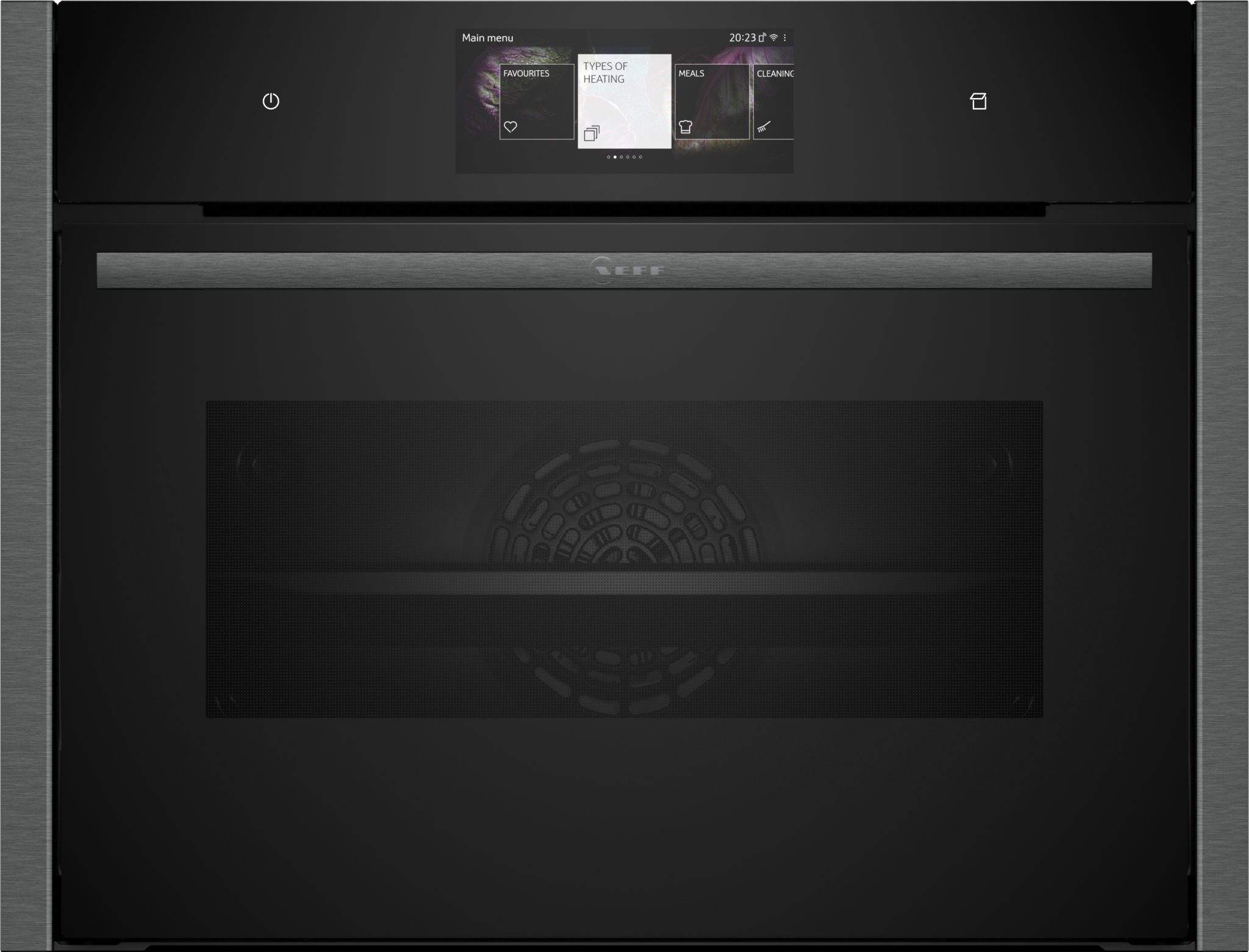 Built-in electric compact oven in sleek black finish, featuring a glass front, digital display, and steam function, designed for modern kitchens.