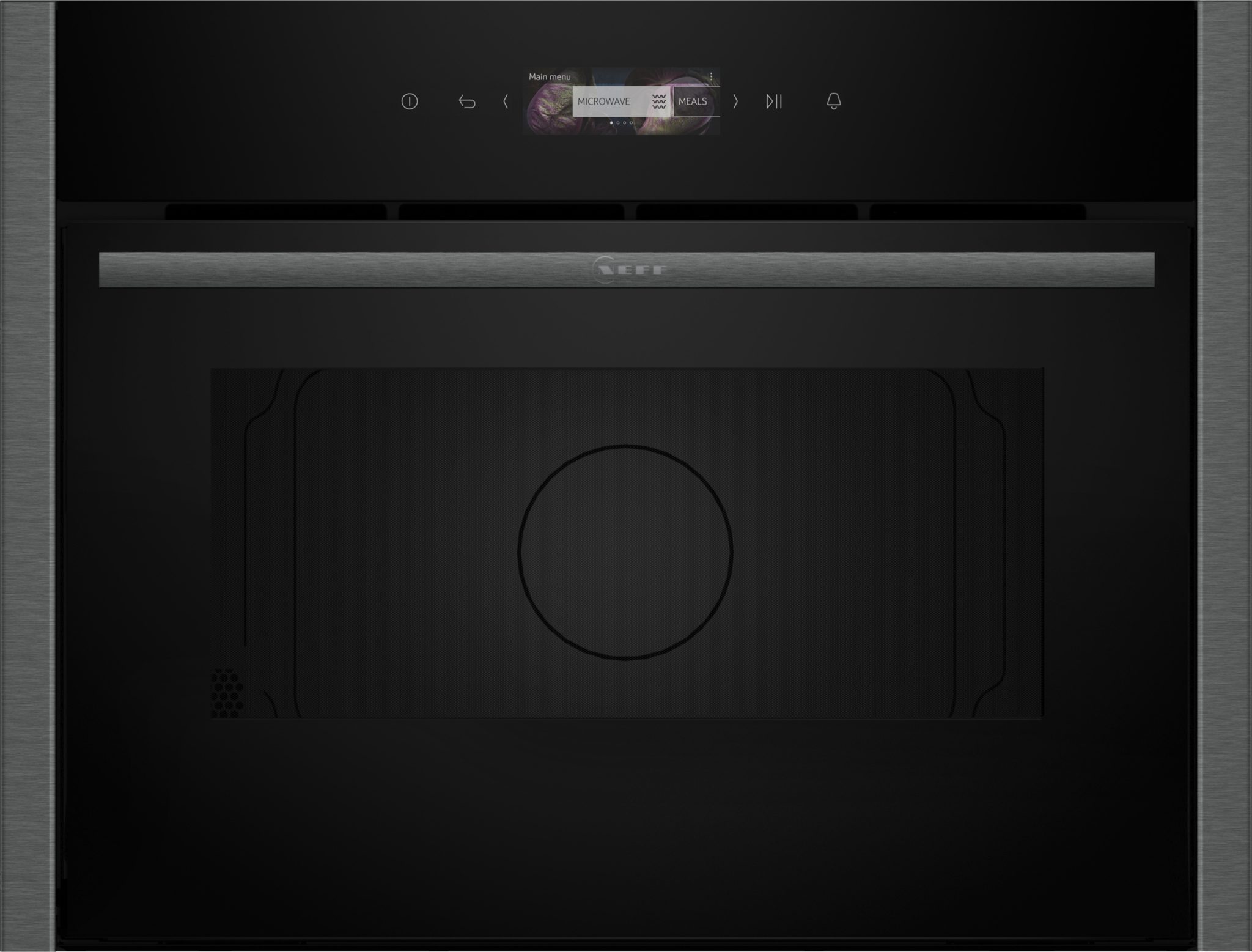Built-in microwave with grill by NEFF, featuring a sleek graphite finish, stainless steel accents, and a digital control panel at the top for easy operation.
