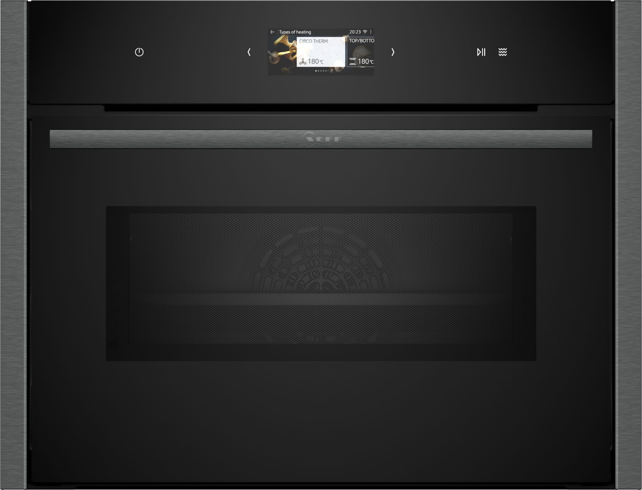 Built-in compact oven in sleek black finish with stainless steel accents, featuring a digital display and microwave function, designed for modern kitchens.