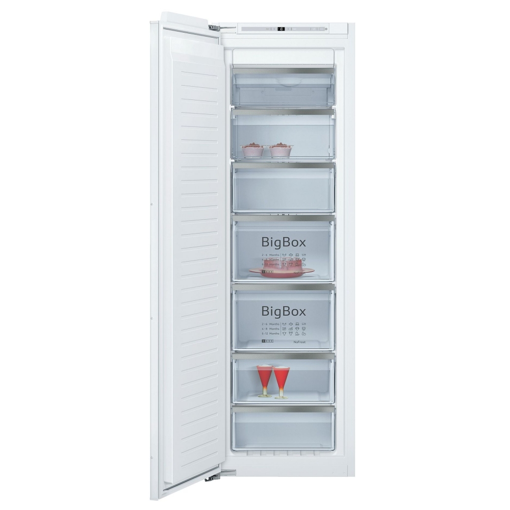 White integrated freezer with a sleek design, featuring multiple transparent drawers labeled "BigBox" for ample storage, and a smooth, modern finish.
