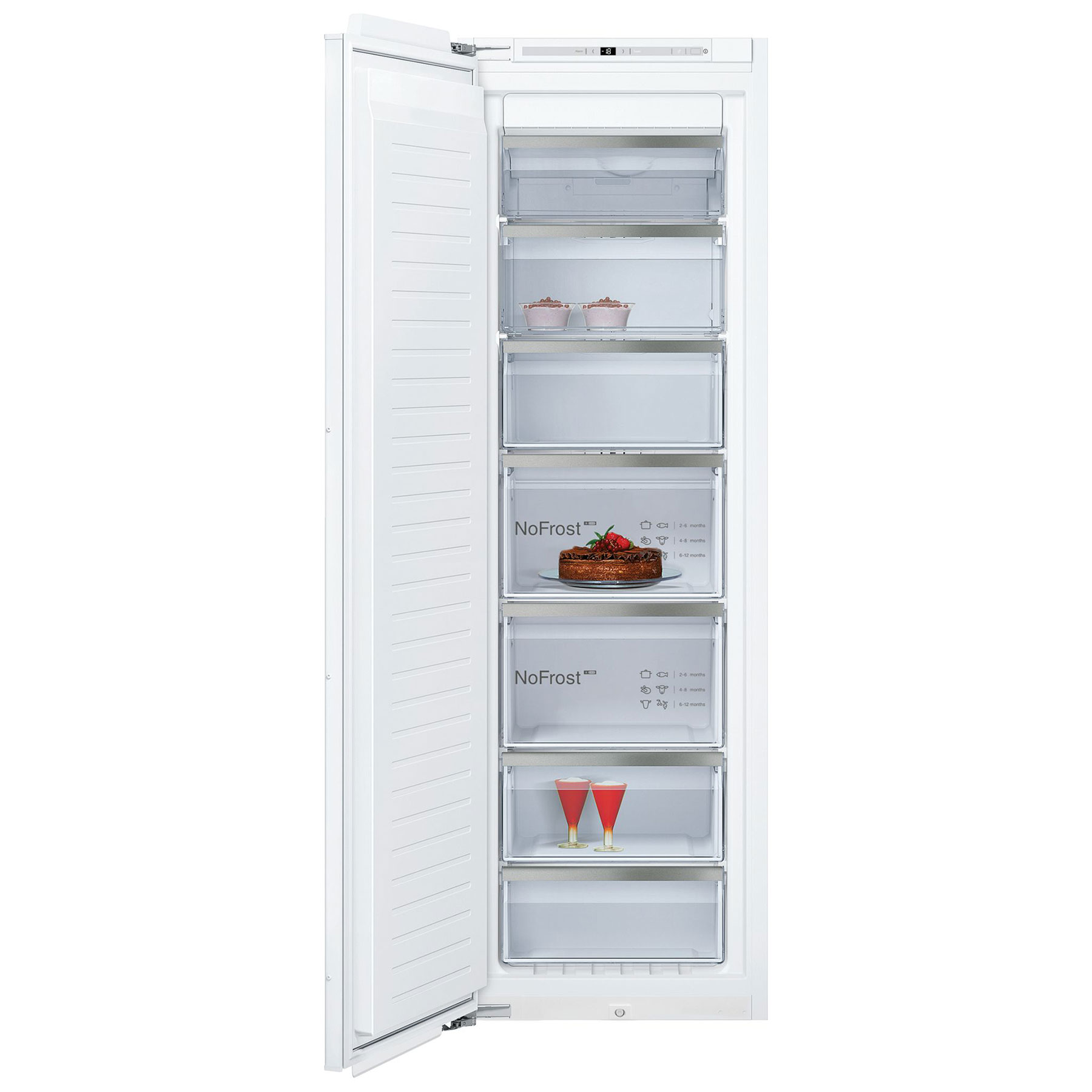 177cm high integrated upright freezer in white, featuring a frost-free design, six transparent drawers, and a sleek, modern finish with a digital control panel.