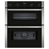 Stainless steel built-under electric double oven with a sleek black front, featuring two oven compartments, control knobs, and a digital display.