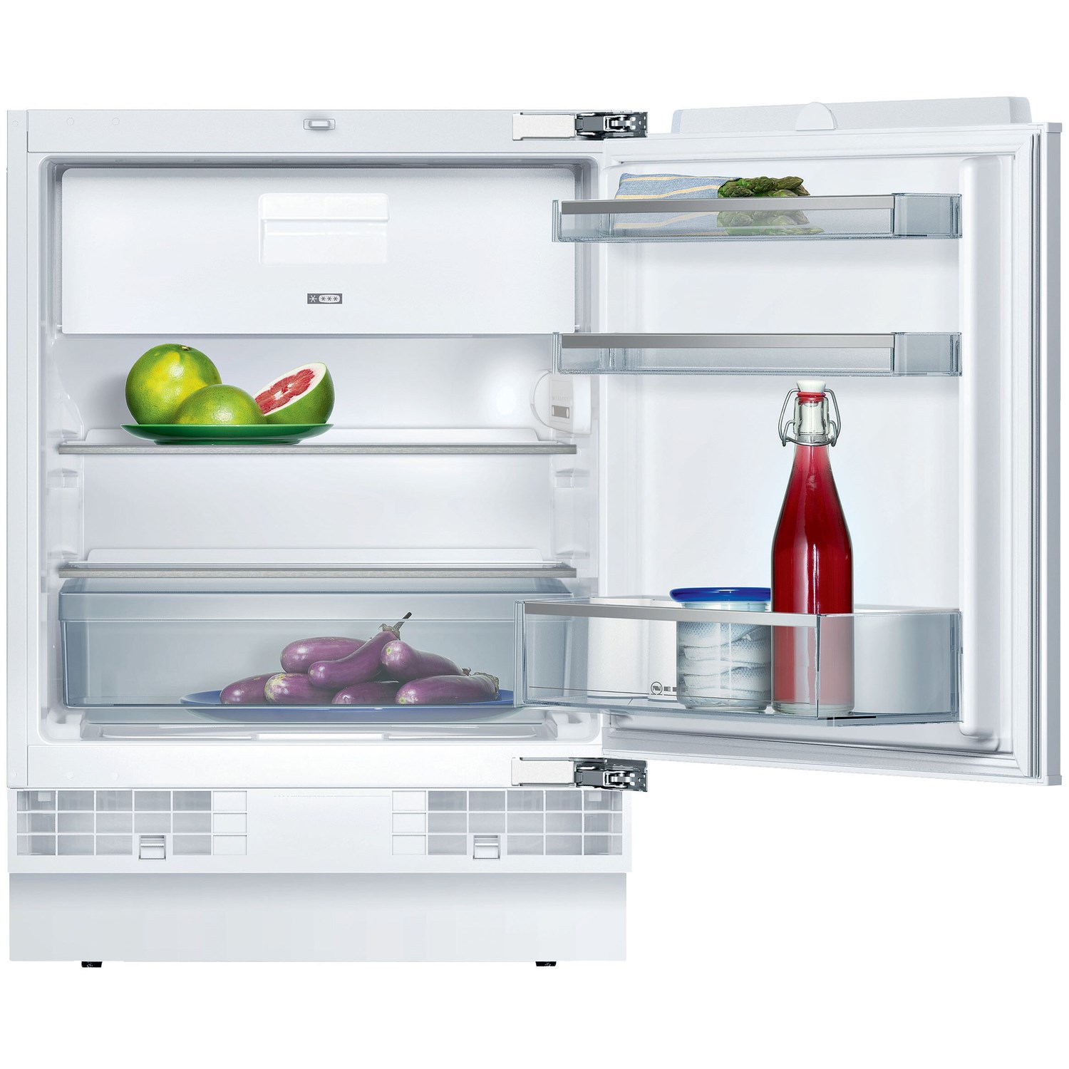 White built-under fridge with ice box, featuring a clear glass shelf, fruit bowl, and a bottle of ketchup, showcasing a sleek, modern design and fixed hinge.