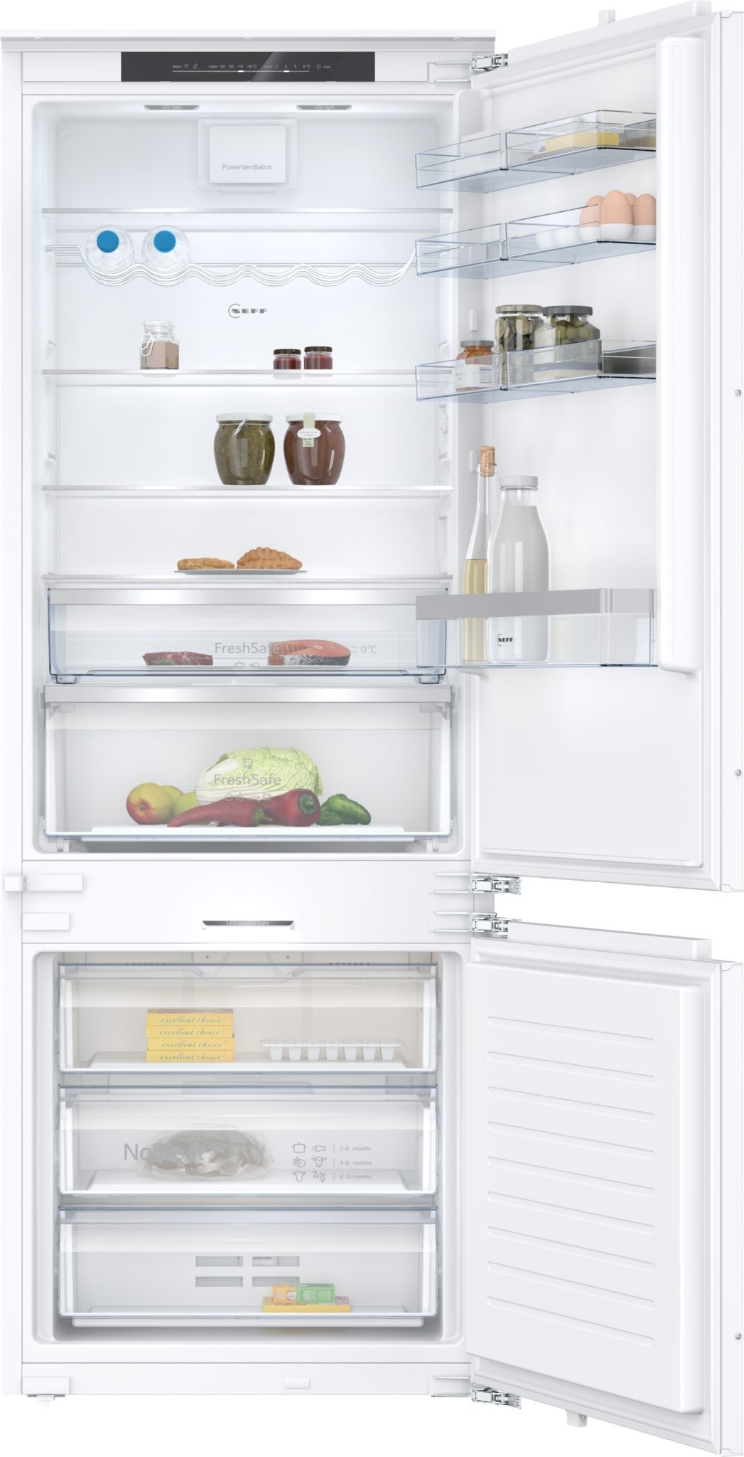 Integrated white frost-free fridge freezer with a sleek design, featuring adjustable glass shelves, transparent drawers, and a digital control panel at the top.