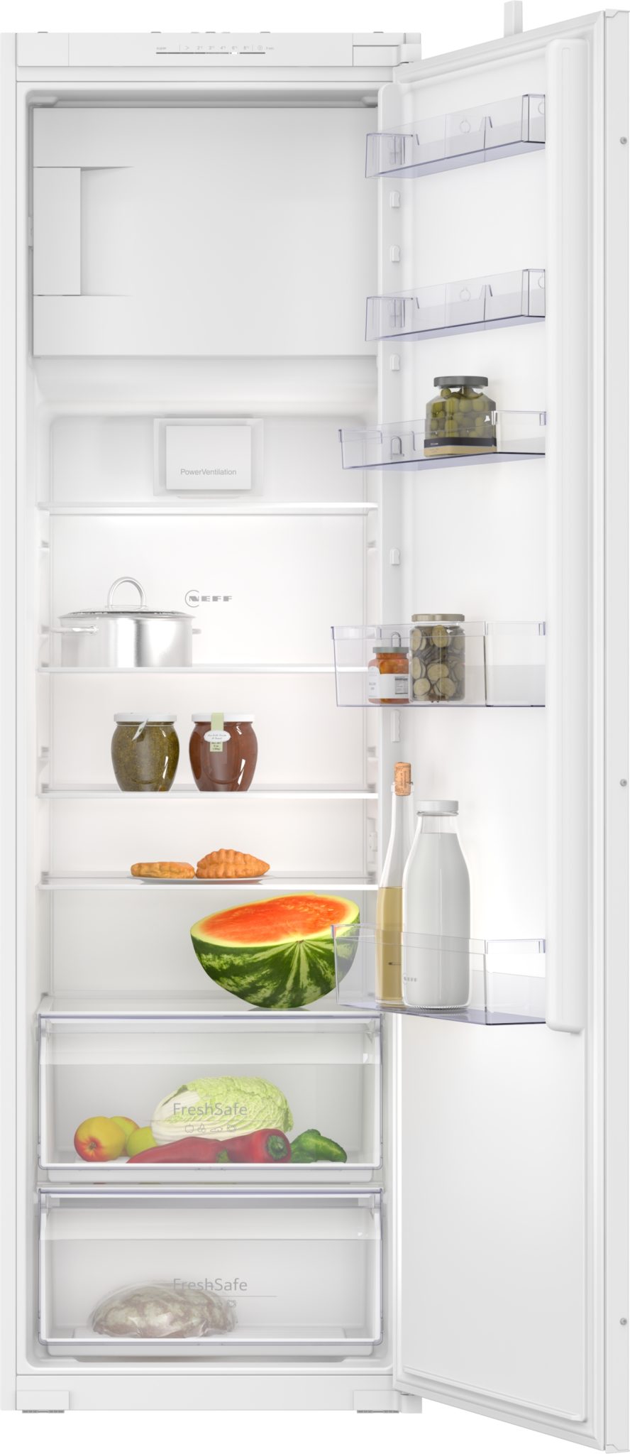 Built-in white fridge with a freezer section, featuring clear shelves, a digital display, and various food items including a watermelon, bottles, and jars.