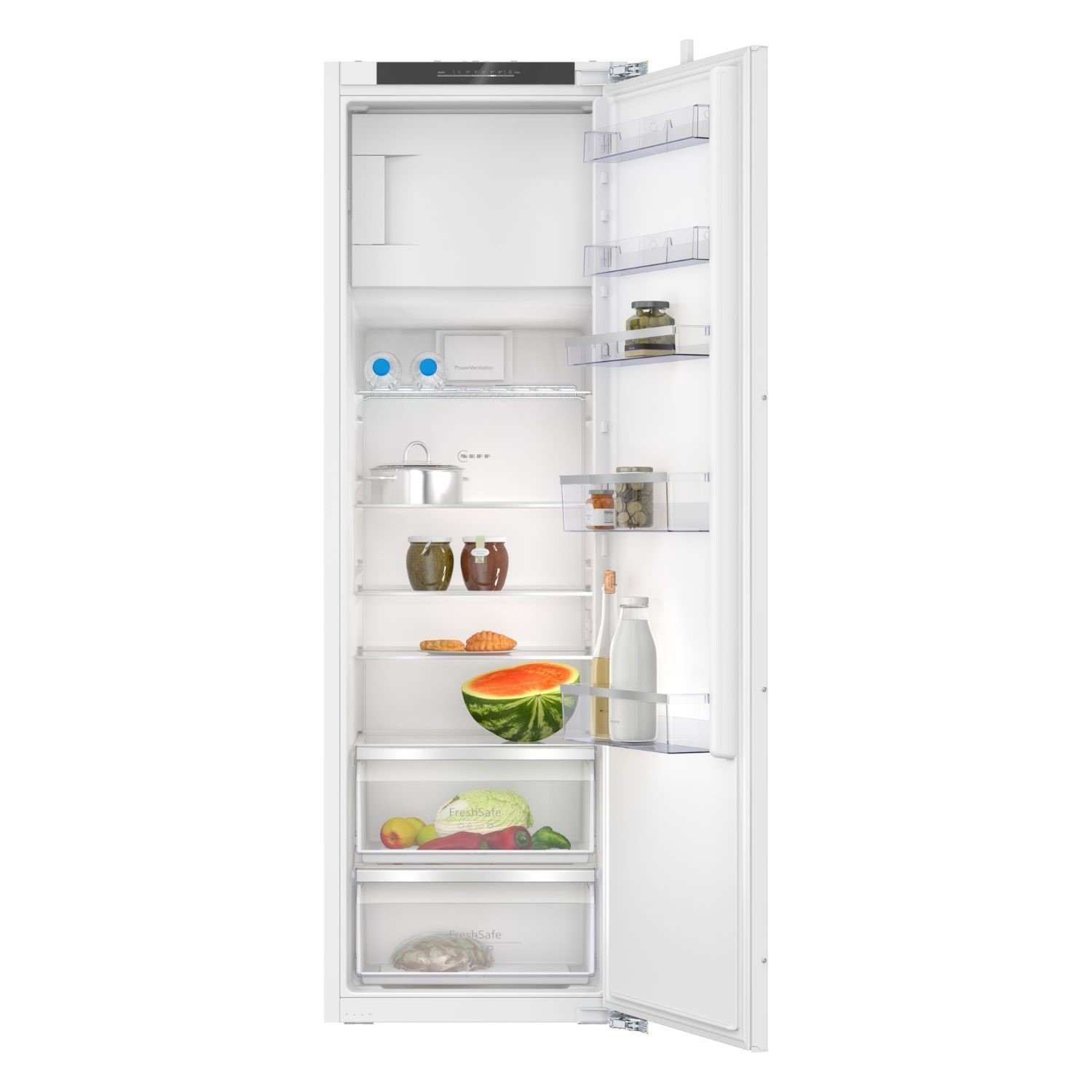 White integrated upright fridge with ice box, featuring multiple transparent shelves, blue temperature controls, and a variety of food items including fruits and jars inside.