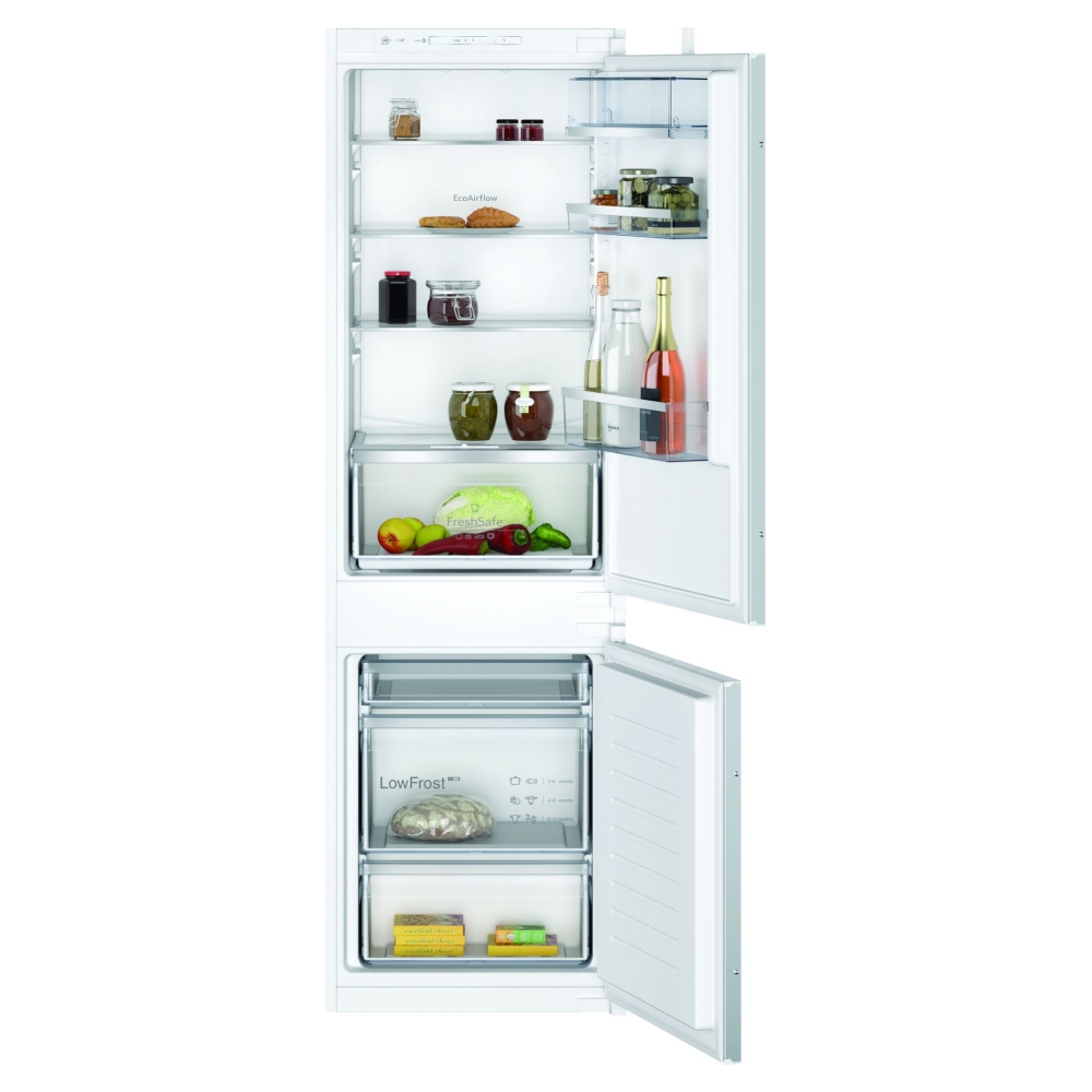 Integrated white fridge freezer with a 177cm height, featuring glass shelves, a transparent vegetable drawer, and a LowFrost freezer compartment at the bottom.