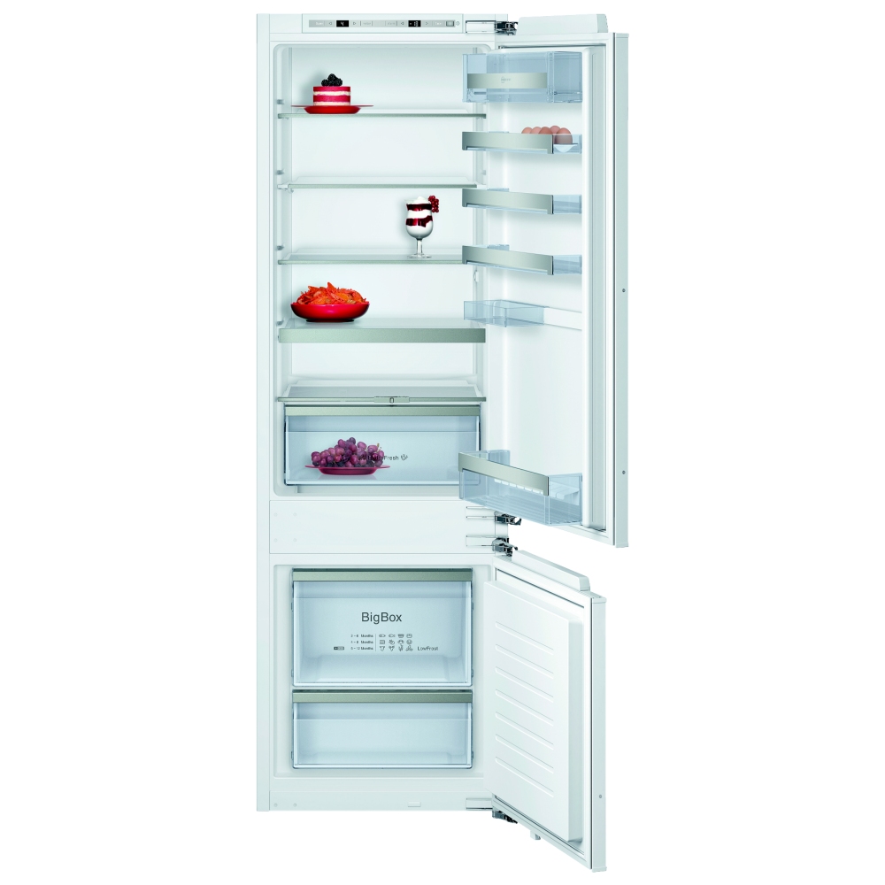 Integrated white fridge freezer with a sleek design, featuring glass shelves, a BigBox drawer, and a spacious freezer compartment, standing 177cm high.